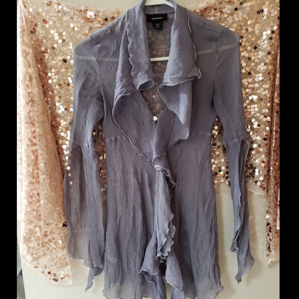 EXPRESS 100% Silk Ruffle Sheer Button Down Blouse